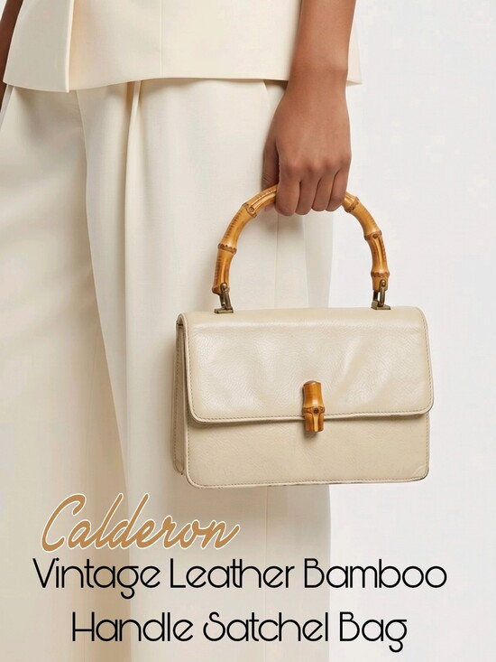 Calderon Handbags - Calderon Vintage Womens Petite Ivory Leather Suede Bamboo Handle Satchel Bag